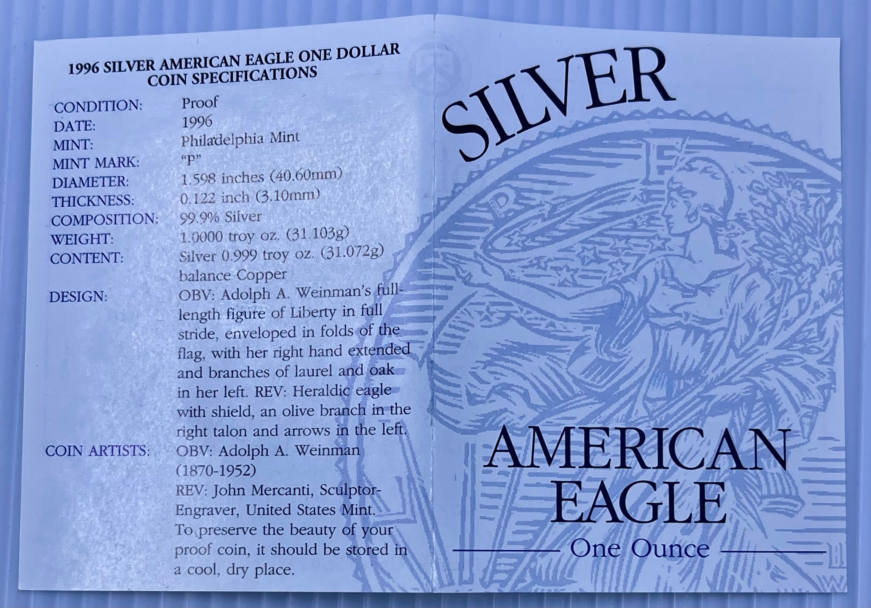 United States 1996-P Proof American Silver Eagle 1 Oz .999 Coin OGP with COA Cool Coins & Notes